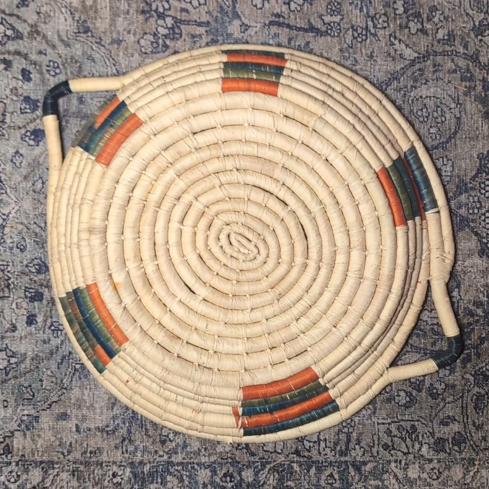 Vintage Woven Basket with Blue and Orange Accents & Handles To Hand Or Hold